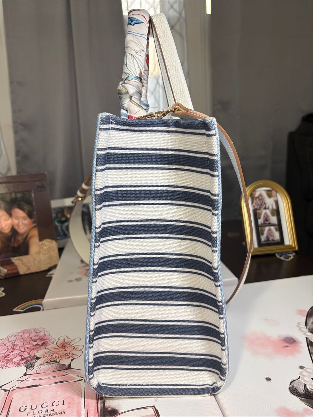 NWT 2FER Nanette Lepore 2 Piece Blue White Striped Crossbody Handbag + SCARF - Picture 6 of 16